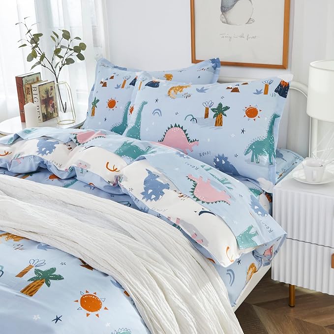 Brandream Boys Duvet Cover Twin/Twin XL Size 100% Percale Cotton 2pcs Kid's Bedding Duvet Cover Shams Set, Fun Dinosaur Print Reversible Blue Cream Beige Soft and Breathable