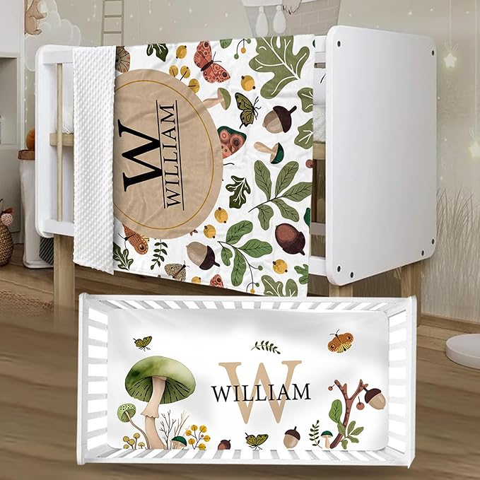 Personalized Crib Bedding Set for Boys Girls, Custom Baby Crib Sets with Name, Mushroom Design Nursery Bedding 2 Piece - Soft Blanket with Double Layer Dotted Backing, Crib Fitted Sheet