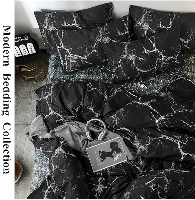 Jumeey Black Duvet Cover Queen Marble Bedding Sets Queen Black Marble Duvet Cover Full Size Black and Grey Bedding Cover Modern Men Women Teen Boy Gothic Marble Bed Abstract Black Bedding Full Set