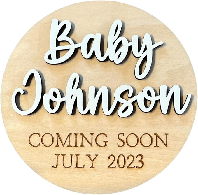 Generic Baby Coming Soon Personalized Sign with Date, Pregnancy Announcement Plaque, Maternity Photo Prop, Baby Announcement Sign (5, 6, 7, 8 inches, Birch)