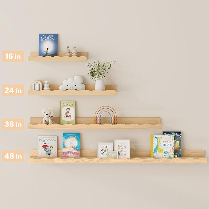Fun Memories Picture Ledge Shelf for Wall, 16 inch Pine Wood Nursery Book Shelves Set of 4- Wall Book Shelves for Kids Room, Home Decor - Kitchen Spice-Natural