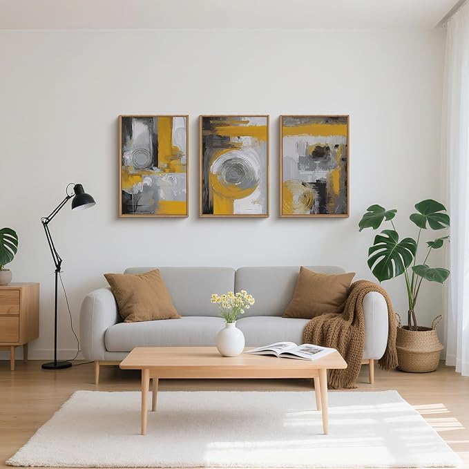 FWIEXA Black Grey Abstract Canvas Wall Art Set of 3, Framed Orange Modern Wall Paintings, Minimalist Graffiti Textured Artwork, 16x24 Inches Brush Stroke Wall Decor for Living Room, Bedroom, Office