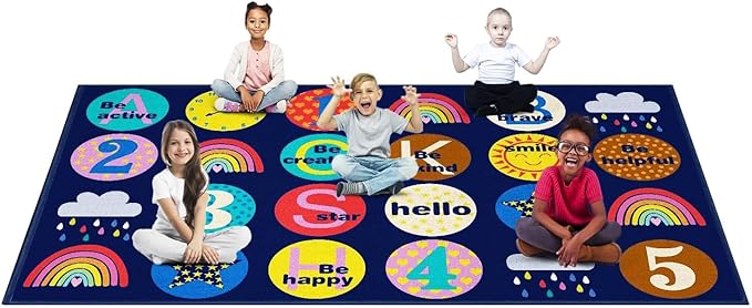 Education Classroom Rug Elementary Nylon Classroom Seating Carpet 7'5"x13' with 24 Seats Durable Blue Nursery Learning Rug for Preschool, Daycare, Playroom (Education, 7'6"x13'1")