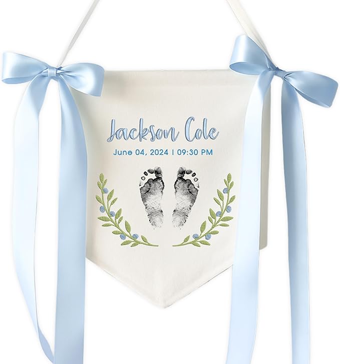 EMBROIDERED Name Baby Banner, Baby Flag with Monogram Name, Personalized Baby Name Sign, Customizable Baby Name, Baby Announcement Sign for Hospital (06 - footprint birth stat)