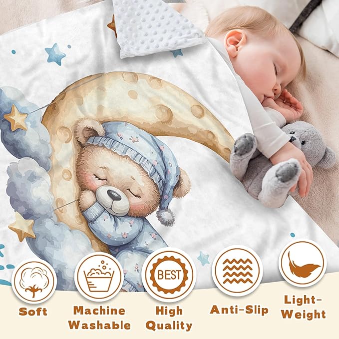 Personalized Baby Blanket with Name, Customized Blanket for Newborn Boys Girls, Sleepy Bear Theme Baby Name Blanket with Dotted Backing, Receiving Swaddle, Baby Shower Birthday Gifts(47" x60)