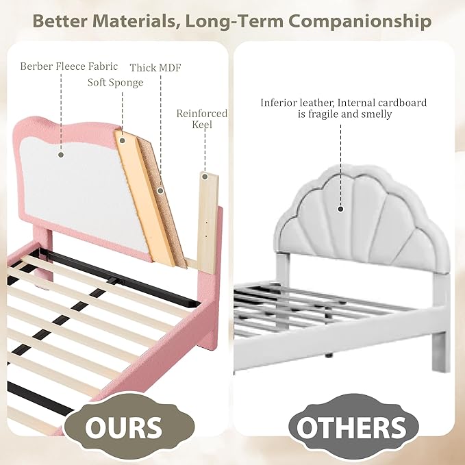 GarveeHome Upholstered Twin Bed Frame for Kids with Scallop Headboard, Cute Velvet Twin Bed for Girls, Boys, Sturdy Platform Bed, No Box Spring Needed, Wooden Slats, Noise Free, Pink White