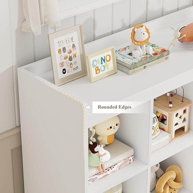HITHOS 48" W Toy Storage Organizer, Large Kids Bookshelf with Rolling Toy Chest, Toy Organizer with Storage Bins, Book Shelf for Kids Room, Playroom Toy Box with 9 Open Cubbies for Boys/Girls, White