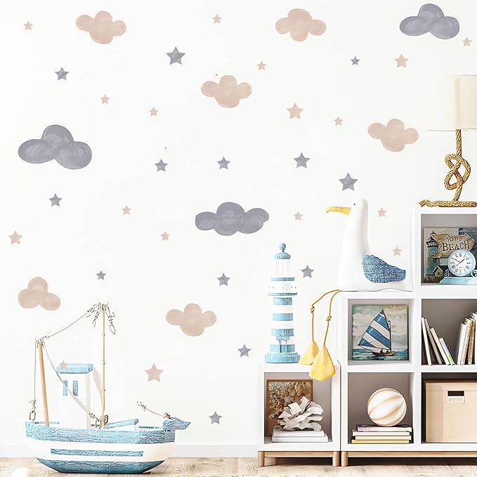 2 Sheets Gray Brown Clouds Stars Wall Stickers, sacinora DIY Art Wall Decals Removable Vinyl Peel and Stick Kids Baby Boy Nursery Bedroom Toddler Room Kindergarten Home Decorations