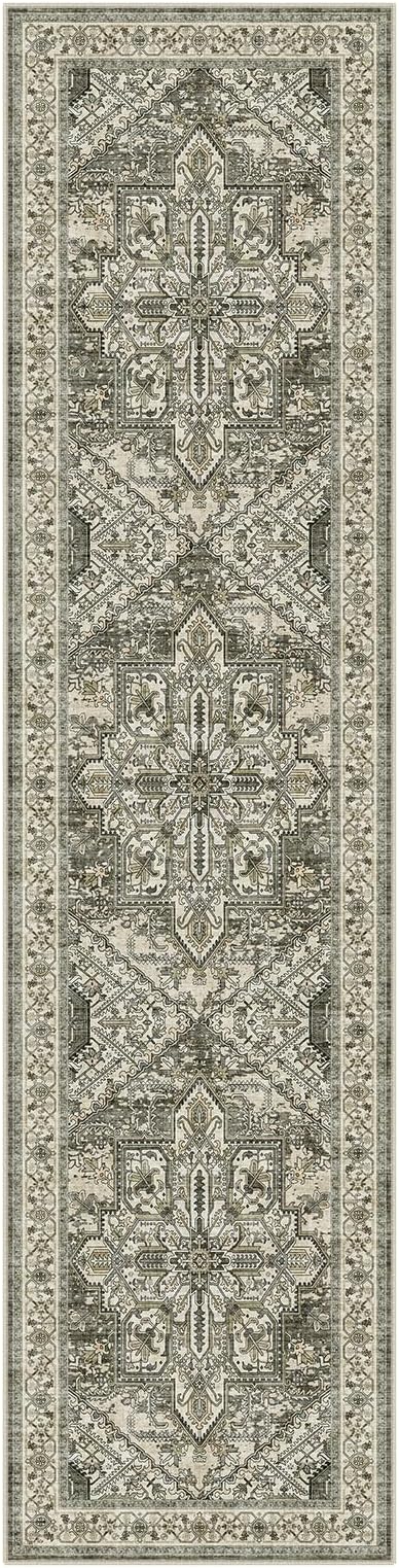 WITSHOCK 2x8 Runner Rug for Hallway, Washable Rug Distressed Boho Soft Low Pile Stain Resistant Foldable Carpet for Kitchen Entryway Indoor Entrance Laundry Farmhouse Home Decor, Brown/Lvory