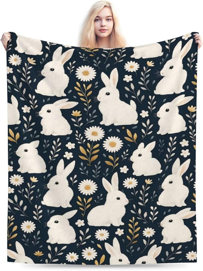 Rabbit Blanket Rabbits Flower Floral Throw Blanket Soft Cozy Fleece Fuzzy Plush Warm Stuff Bedding Farm Animal Nursery Toddler Baby Blankets Gifts for Boys Girls Kids Adult Men Women 40"X50"