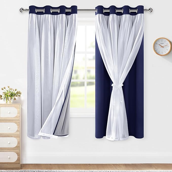 XWZO 100% Blackout Double Layer Curtains, Blackout Curtains with Sheer Overlay for Living Room, Bedroom, Grommet Thermal Insulated Privacy Curtains with Tiebacks, 2 Panels, 52x63, Navy Blue