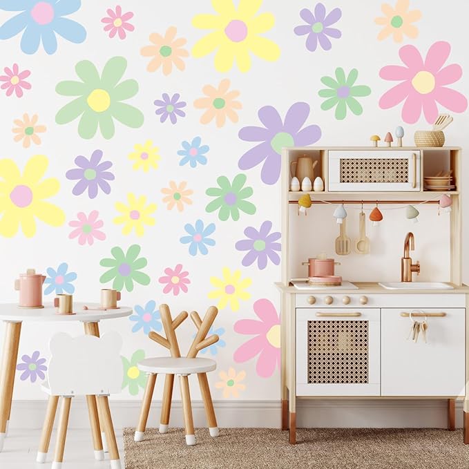 TaoBary 12 Sheets Daisy Wall Decal Flower Wall Sticker Cute Daisy Sticker Pink White Flower Decal Peel and Stick Floral Wallpaper for Nursery Bedroom Home Decor(Fresh Color,Attractive Style)