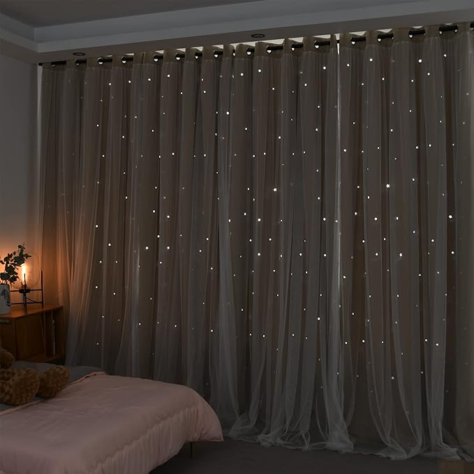 Kinryb Kids Blackout Curtains for Bedroom/Living Room/Classroom, Sheer Overlay 2 Panel Set, Double Layer Curtains with Star Cutout for Kids Room(Each Piece W 70 x L 95 Inches 2 Pcs Beige)