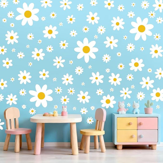 Daisy Wall Decal, 8 Sheets 96Pcs Daisy Flower Wall Stickers Peel and Stick White Flower Decals for Nursery Bedroom Home Wall Art Decorations