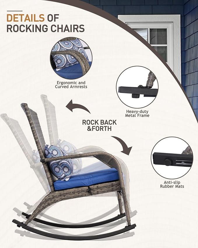 Outdoor Rocking Chair- Rattan Patio Rocker Chairs with Cushions and Steel Frame- All Weather Outdoor Rocker Chair with 2 Replaceable Cushion Covers (Blue & White), 320lbs,Grey Rattan