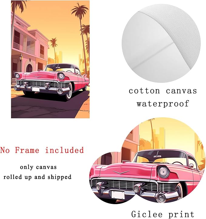 Pink Car Canvas Palm Tree Artwork Southwestern Canvas Wall Prints Pink Desert Painting Desert Mountain Wall Art Vintage Summer Poster Trendy Preppy Painting Summer Aesthetic Prints 16x24inch Frameless