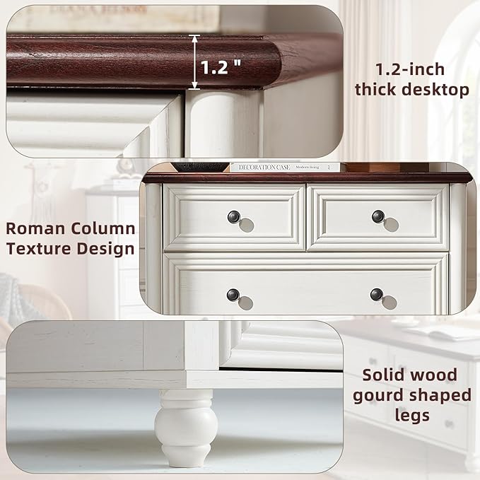 Farmhouse 5 Drawer Dresser for Bedroom, 35.5" Tall Small Dressers & Chest of Drawers, Rustic Wood Dresser with Roman Column, Storage Organizer for Living Room, Hallway, Closet (White)