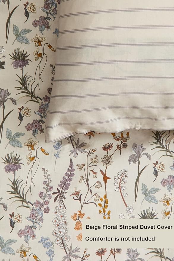 Floral Duvet Cover Twin 2 Pieces Aesthetic Reversible Striped Bedding Set Farmhouse Botanical Flowers Design Soft Washed Microfibre,1 Beige Duvet Cover with 1 Pillowcase