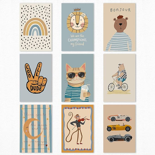 9 Pieces Nursery Canvas Wall Art, Cute Milkshake Cat Poster, Happy Bear and Violin Playing Monkey Kids Poster, Boys Playroom Cars Picture, Cozy Rainbow Dots and Smiling Moon Print 8x12in Unframed