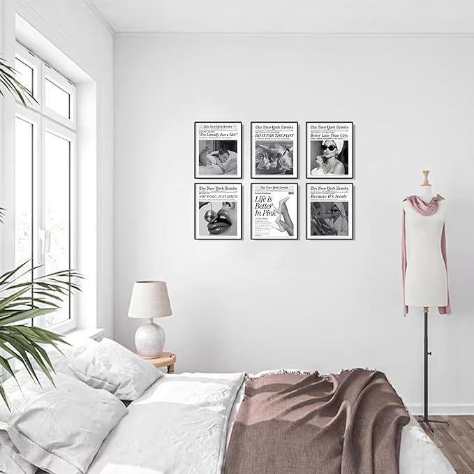 uniro Trendy Newspaper Wall Art Prints, Vintage Black & White Newspaper Wall Decor Aesthetic Pictures, Retro Girly Dorm Room Decor, Funky Bathroom Wall Decor Disco Poster for Teen Girl Bedroom Apartment, Bar Cart decor - Unframed