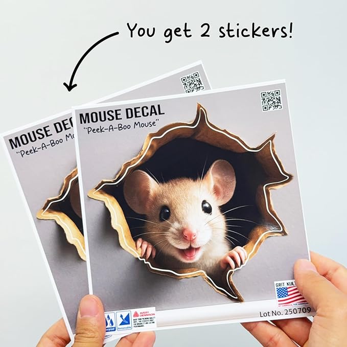 GRITKULTURE Removable Peek A Boo Mouse in Mouse Hole Decal Sticker 5.1inch 2 Pack. Mouse Hole in The Wall Sticker with 3D Effect. Wall Decoration, Funny Gift, Potty Training, Prank (#6)