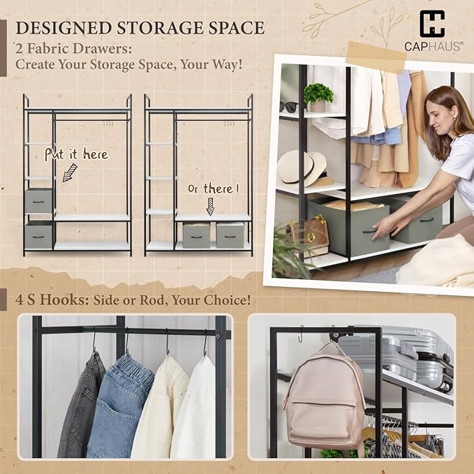 CAPHAUS 979lbs Capacity Heavy Duty Clothing Rack 48" W Metal Garment Rack with Drawers Hanging Rods and Wood Shelves Freestanding Closet Organizer, Black Board