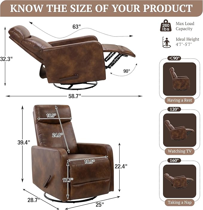 Swivel Rocking Recliner Chair for Small Space, Manual Swivel Glider Recliner for Nursery,RV,Rocking Recliner with Footrest and Side Pocket (Light Brown)