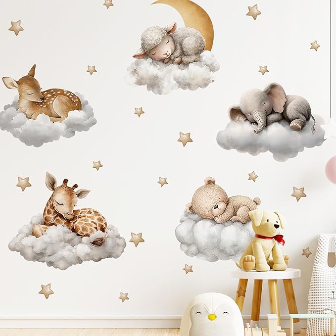 Sleeping Animals Wall Decals,Dreamy Clouds & Star Theme Art Wall Sticker Decors,Peel and Stick Elephants, Bears, Deer Decals for Kids Bedroom Nursery Playroom Library Living Room and Bedroom Decor