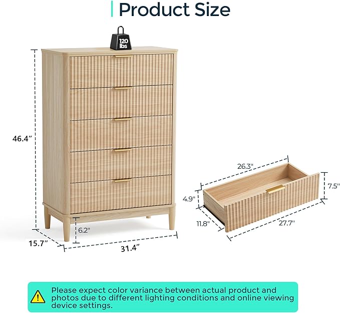 LINSY HOME Fluted 5 Drawers Dresser, 46" Tall Modern Chest of Drawers, Curved Profile Design, Mid Century Wood Dresser with Metal Handle for Bedroom, Living Room, Hallway, Entryway, Oak