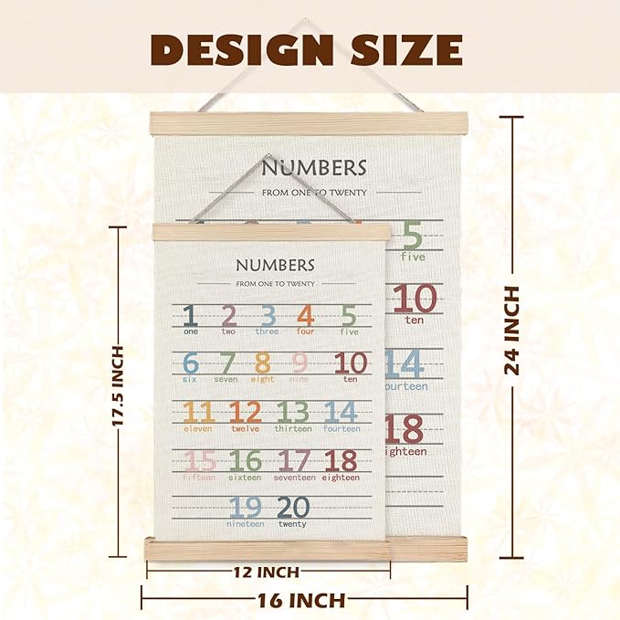 LUVADIAN Boho Classroom Decor - Alphabet Numbers Educational Poster Hanger Frame Set of 2, Nursery Wall Decor, Toddler Learning Posters for Nursery Kids Room Playroom Classroom Decor, 16x24 Inches(Large)