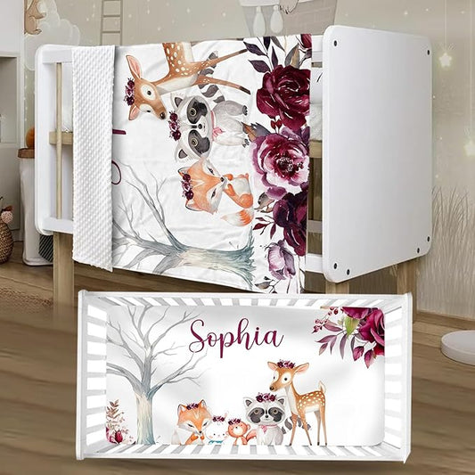 Personalized Crib Bedding Set for Boys Girls, Custom Baby Crib Sets with Name, Rose Animal Design Nursery Bedding 2 Piece - Soft Blanket with Double Layer Dotted Backing, Crib Fitted Sheet