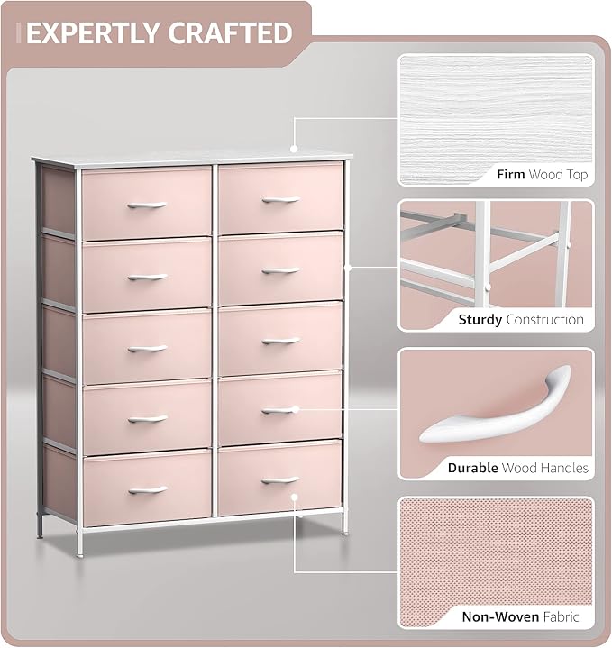 Sorbus Kids Dresser with 10 Drawers - Storage Unit Organizer Chest for Clothes - Bedroom, Kids Room, Nursery, & Closet (Pink, 34 x 12 x 47-10 Drawer)