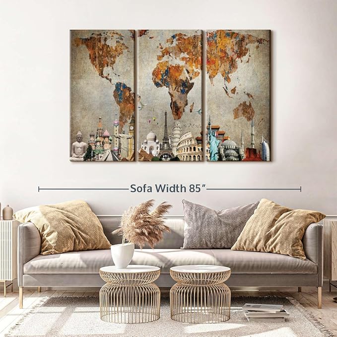 ElephantStock Rusty World Map Multi Piece Canvas - 3 Piece Canvas World Map Wall Decor - Wall Decor, Ready-to-Hang Print Vintage Wall Art - 65" X 42"