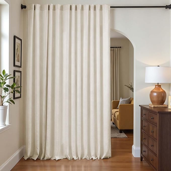 jinchan Linen and polyester Beige Curtains 96 Inches Long for Living Room Farmhouse Rod Pocket Back Tab Light Filtering Window Drapes with Lined for Bedroom Crude 1 Panel Ecru