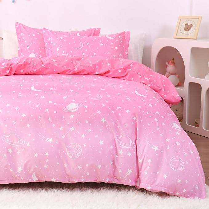 JSD Pink Stars Kids Duvet Cover Set Full Size, 3 Piece Girls Space Theme Microfiber Comforter Cover with Pillow Shams Zipper Closure, Comforter Not Included
