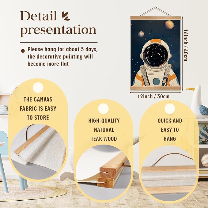 Astronauts and Rockets Poster Wall Art set of 2, Universe Wall Decor Wood Hanger, Spaceship Classroom Decor, Outer Space Planets Poster for Boys and Girls Nursery, Bedroom, Playroom, Toddler and Kids Room(Space travel-02)