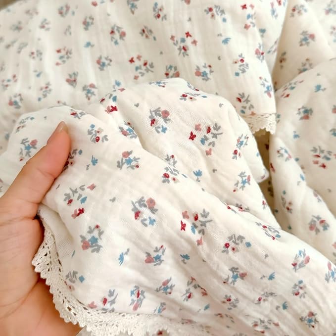 BuLuTu Cotton Muslin Quilted Blanket for Toddler/Twin Bed, Soft Breathable Children Comforter with Lace Edge, Chic Shabby Reversible Floral Quilt, Kids Boys Girls Gauze Cotton Bedding, 60x78 Inches