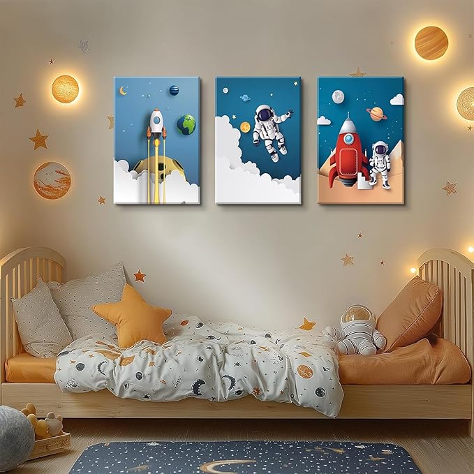 3Pcs Astronaut Canvas Wall Art Nursery Space Adventure Wall Decor Whimsical Space Themed Posters Artwork Rocket Spaceship Prints Pictures for Kids Room Boys and Girls Bedroom (16x24in Canvas)