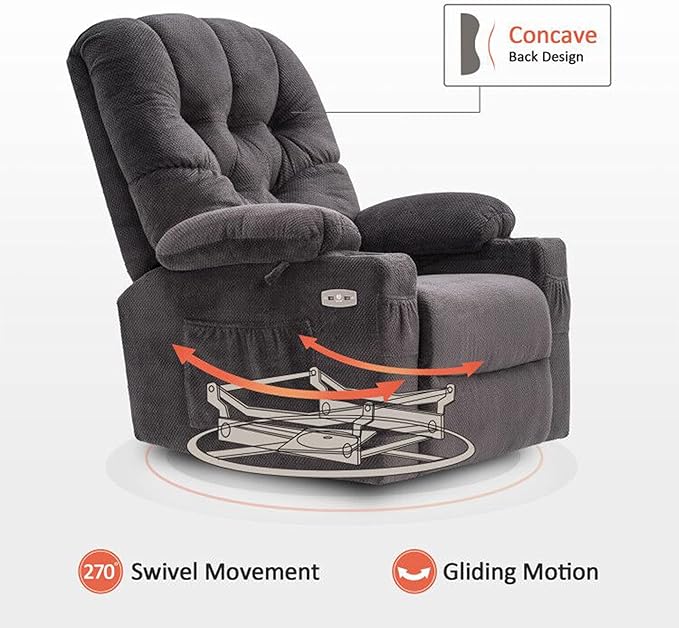 MCombo Electric Power Swivel Glider Rocker Recliner Chair with Cup Holders for Nursery, Hand Remote Control, USB Ports, 2 Side & Front Pockets, Plush Fabric 7797 (Grey)