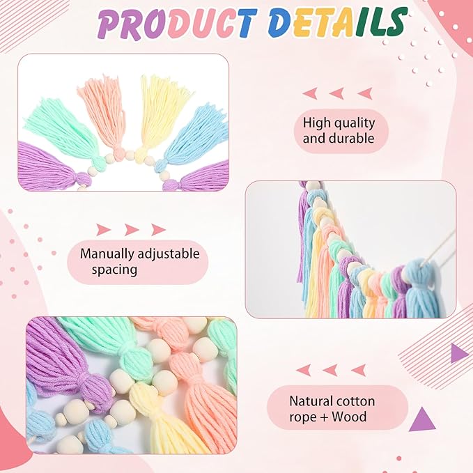 2 Pcs Tassel Garland with Wood Beads, Handmade Cotton Yarn Wall Hanging Banner Boho Tassel Wall Hanging Party Decor for Nursery, Birthday Baby Shower Home Classroom Decoration(Macarons)