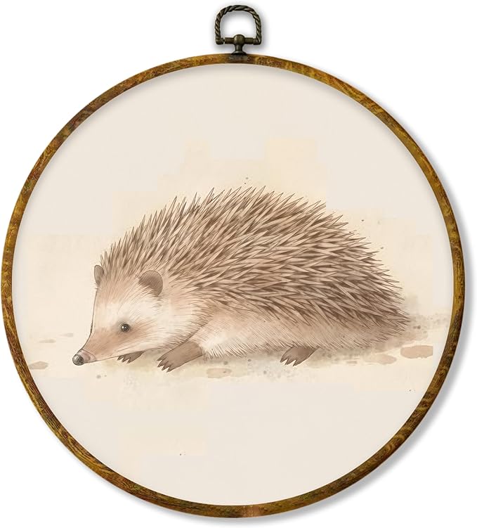 Hiuwevt Hedgehog Round Wall Art Decor, Vintage Jungle Animal Framed Canvas Prints, Neutral Animal Round Wall Hanging Decor for Nursery Bedroom Home Living Room Decorations, 10x10 Inches