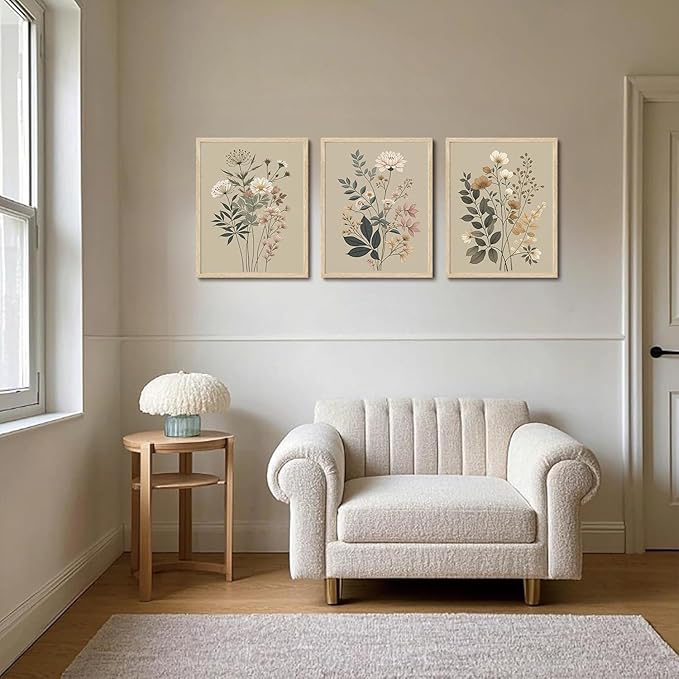 CHMMART 3 Piece Botanical Floral Framed Wall Art Vintage Flower Canvas Art Prints Wildflower Pictures Wall Decor Nature Painting Artwork for Living Room Bedroom Bathroom 12x16in