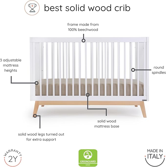 dadada Baby Soho 3 in 1 Convertible Wooden Crib to Toddler Bed - Made in Italy, GREENGUARD Gold Certified, Baby-Safe Finish, Sustainable Beech Wood, Modern Design, 3 Adjustable Heights (White/Natural)