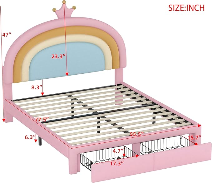 LUMISOL Cute Bed Frame for Kids, Rainbow Design Upholstered Platform Bed, Full Size Velvet Princess Bed with Drawer, Full Size Pink Girls Bed