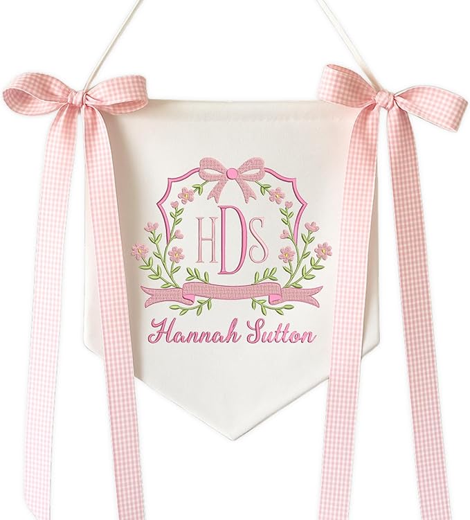 Embroidered Baby Name Sign with Bows Personalized Baby Announcement Sign Newborn Baby Banner Baby Hospital Name Sign Canvas Hanging Pennant Flag Custom Infant Baby Name Baby Shower Banner (12)