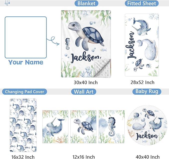 Personalized Baby Crib Bedding Set, 5 Pcs Custom Name Bedding Set, Double Layer Nursery Set, Ocean Animal Crib Set for Girls & Boys, Gift for Toddler & Infant