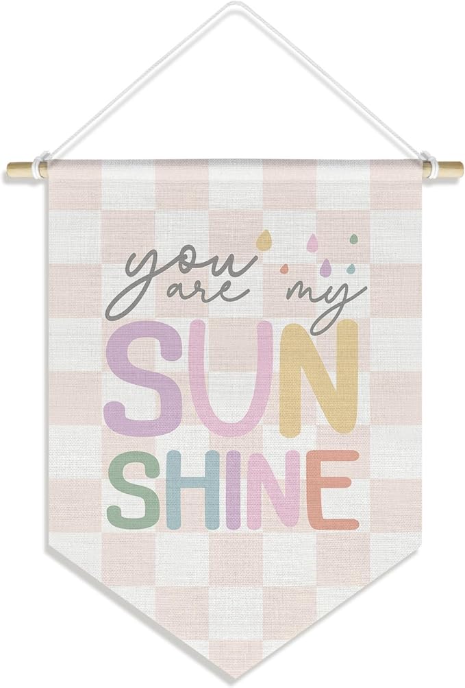 You are My Sunshine Kids Room Nursery Wall Art Decor Cavas Prints Hanger, Boy Girls Toddler Room Playroom Decor, Pink and White Checkered Pennant Flag, 15x11in