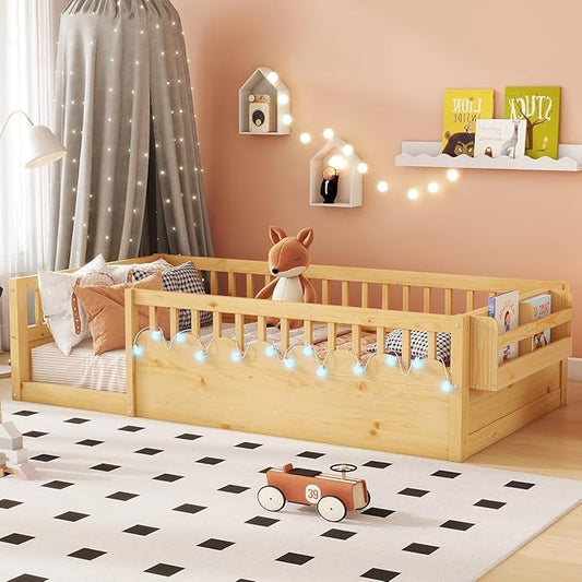Twin Toddler Floor Bed with High Rails, Kids Montessori Bed Frame with Light and Storage Shelf, Wooden Twin Size Bed Frame for Girls and Boys, Natural
