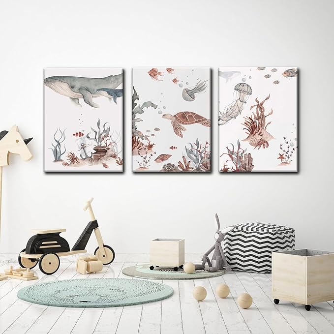 Wodkwq Ocean Nursery Decor,Nursery Wall Decor,Kids Bathroom Decor,Under The Sea,Boys Room Sea Animal Wall Art Picture Canvas Prints Set of 3,Bedroom 12x16 Inch Framed