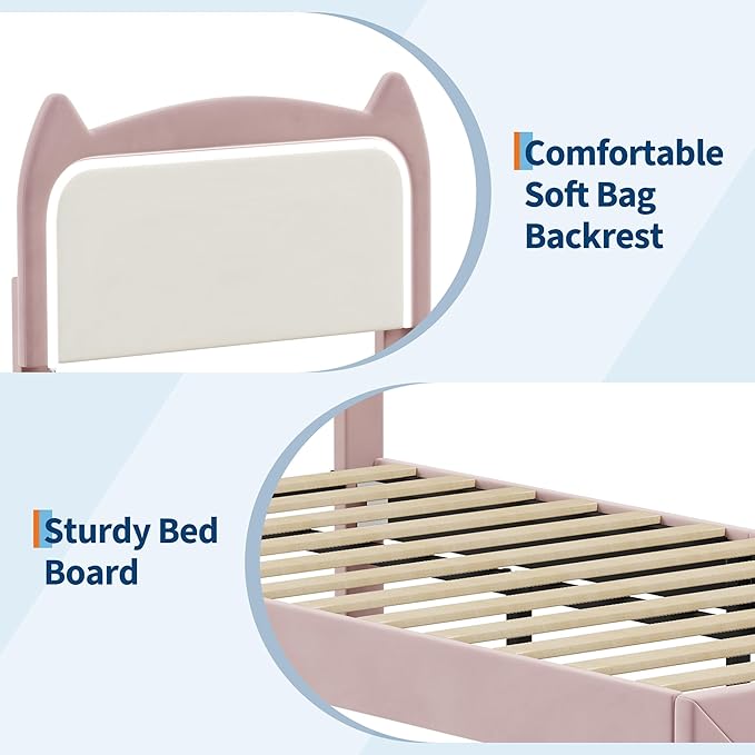 Garvee Twin Upholstered LED Bed Frame with Storage Drawer & Cute Cat Headboard, Velvet Princess Platform Bed Frame with Sturdy Wood Slats Support for Girls/Kids, No Box Spring Needed, Pink